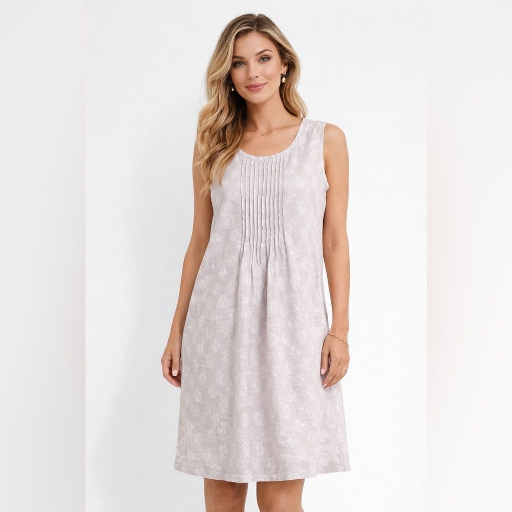 Garnet Hill Sleeveless Linen Blend Pintuck Dress – Size 10 – Soft Gray Floral